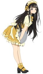  1girl apron brown_eyes brown_hair closed_mouth dress facing_to_the_side frilled_dress frills gogottu2000 holding holding_tray long_hair looking_at_viewer maid maid_apron maid_headdress make_heroine_ga_oo_sugiru! nukumizu_kaju petticoat puffy_short_sleeves puffy_sleeves ribbon shoes short_sleeves socks solo thighs tray yellow_ribbon yellow_socks 