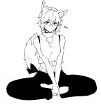  1641_(chfhrtor94) 1girl :/ animal_ear_fluff animal_ears english_commentary full_body greyscale hair_between_eyes hands_on_own_legs indian_style inubashiri_momiji looking_at_viewer monochrome pants pom_pom_(clothes) red_eyes short_hair simple_background sitting sleeveless sleeveless_turtleneck solo spot_color tail touhou turtleneck wolf_ears wolf_girl wolf_tail 
