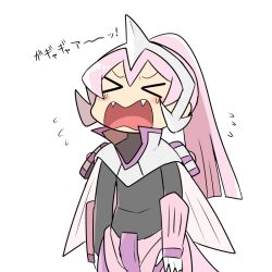  >_< 1boy armor black_bodysuit blush_stickers bodysuit clawed_gauntlets commentary crying deformed eve_(kasugai_(de-tteiu)) fake_horns fangs flying_teardrops high_ponytail horned_headwear horns kasugai_(de-tteiu) palkia peanut_mouth personification pink_armor pink_hair pokemon ponytail shoulder_armor teardrop translated 