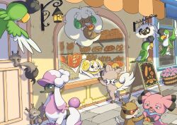  ^_^ absurdres animal_focus bag baguette beak bird bread closed_eyes commentary_request dog door fidough floating flower flower_basket flying food furfrou furfrou_(matron) highres loaf_of_bread no_humans patrat pokemon pokemon_(creature) q-chan red_eyes road rockruff sharp_teeth shop sign skwovet snubbull squawkabilly squawkabilly_(green) squirrel street tail teeth wall_lamp whimsicott window 