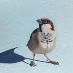  animal animal_focus bird blue_background english_commentary eurasian_tree_sparrow highres leah_gardner looking_to_the_side no_humans original painting_(medium) shadow simple_background sparrow standing traditional_media 