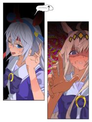  ...? 2girls ? @_@ abstract_background ahoge animal_ears bare_arms blue_bow blue_bowtie blue_eyes blue_hairband blue_shirt blush border bow bowtie breasts brooch diamond_hairband dot_nose ear_covers ear_ornament fingernails grey_hair hair_between_eyes hair_ornament hairband headband highres horse_ears horse_girl horseshoe_ornament jewelry light_blush long_hair long_sidelocks loose_hair_strand lower_teeth_only multicolored_hair multiple_girls nervous nervous_sweating oguri_cap_(umamusume) one-eyed one_eye_closed outstretched_hand palms parted_lips puffy_short_sleeves puffy_sleeves red_headband sailor_collar school_uniform shirt short_sleeves sidelocks speech_bubble sphere_hair_ornament spoken_question_mark sso_hungny straight_hair streaked_hair sweat sweatdrop tamamo_cross_(umamusume) teeth tracen_school_uniform two-tone_shirt umamusume upper_body very_long_hair white_border white_sailor_collar white_shirt yellow_hairband 