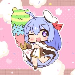  1girl :d ;d ahoge beret blue_hair blush boots bow brown_boots brown_cape brown_dress brown_gloves cape chibi chibi_only commentary_request confetti dress full_body fur-trimmed_cape fur-trimmed_gloves fur_trim gloves hat hat_bow high_wizard_(ragnarok_online) highres holding holding_ice_cream_cone ice_cream_cone layered_dress long_hair looking_at_viewer one_eye_closed open_mouth oversized_food oversized_object ragnarok_online red_bow shizukushigure smile solo two-tone_dress violet_eyes white_dress white_hat 