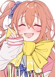  1girl :d ^_^ absurdres adapted_costume blue_scrunchie blush bow bowtie closed_eyes commentary facing_viewer fringe_trim hair_between_eyes hair_ornament hair_scrunchie hand_up happy highres huge_bow inaba_meguru jacket long_hair one_side_up open_mouth orange_hair pink_jacket sanoba_witch scarf scrunchie simple_background sleeves_past_wrists smile solo tyama_taka upper_body v white_background white_sleeves yellow_bow yellow_bowtie yellow_scarf 