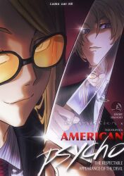  2boys alternate_costume american_psycho black-framed_eyewear black_jacket blazer blonde_hair blue_eyes blue_shirt character_name closed_mouth collared_shirt commission copyright_name cosplay daybit_sem_void empty_eyes english_text fate/grand_order fate_(series) glint highres holding holding_knife jacket kitchen_knife knife lapels light_frown long_hair looking_at_viewer male_focus movie_poster_(medium) multiple_boys necktie notched_lapels orange-tinted_eyewear parody parted_bangs patrick_bateman patrick_bateman_(cosplay) polka_dot_necktie poster_parody recursion red_necktie reflection ringed_eyes serious shirt short_hair sidelighting sishuiloe_1994 smirk straight_hair striped_clothes striped_jacket striped_shirt suit sunglasses tezcatlipoca_(fate) tinted_eyewear two-tone_shirt v-shaped_eyebrows white_shirt wing_collar 