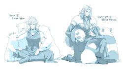  2boys apple arm_ribbon armor bare_shoulders bear black_boots black_coat black_pants black_vest boots character_name chest_strap cloud_strife coat final_fantasy final_fantasy_vii final_fantasy_vii:_advent_children food fruit full_body hand_on_another's_head holding holding_food holding_fruit indian_style kneeling long_hair male_focus multiple_boys panda pants parted_bangs pauldrons polar_bear ribbon sephiroth short_hair shoulder_armor sitting spiky_hair t3_(19841230) vest waist_cape white_background 