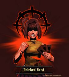  1girl absurdres affliction_(darkest_dungeon) artist_name bare_shoulders belt breasts brown_hair card darkest_dungeon el_cuervo english_commentary english_text highres holding holding_card mazaki_anzu ponytail shirt short_hair skirt sleeveless solo yellow_shirt yu-gi-oh! 