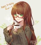  1girl bangs breasts brown_hair brown_sweater closed_mouth coffee commentary cup dated english_commentary green_nails grey_background hands_up happy_birthday holding holding_cup kobutanori long_hair long_sleeves mole mole_above_mouth mug nail_polish original puffy_long_sleeves puffy_sleeves ribbed_sweater signature simple_background sleeves_past_wrists small_breasts smile solo steam sweater very_long_hair 