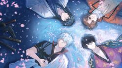  4boys arms_behind_head black_hair black_shirt blue_hair bokken brown_eyes brown_hair cherry_blossoms circle_formation closed_eyes closed_mouth coat from_above gintama grin gun hair_between_eyes hair_over_one_eye hashtag-only_commentary highres japanese_clothes katana katsura_kotarou kimono long_hair looking_at_viewer lying lying_on_water male_focus messy_hair multiple_boys on_back petals petals_on_liquid popped_collar purple_kimono red_coat red_eyes ripples sakamoto_tatsuma sakata_gintoki shirt short_hair smile sunglasses sword takasugi_shinsuke terarenai upper_body water weapon white_kimono wooden_sword yellow_eyes 