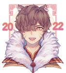  1boy 2022 animal_ear_fluff animal_ears anny_(yoai) artist_name bangs brown_hair cat_ears chinese_clothes chinese_commentary chinese_new_year commentary_request earrings facial_mark fur_collar green_eyes hair_between_eyes hair_over_one_eye highres jewelry looking_at_viewer messy_hair mole mole_under_eye original short_hair simple_background solo sparkle very_short_hair whisker_markings white_background 