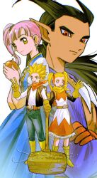  2boys 2girls antenna_hair apple belt black_hair black_sleeves black_vest blonde_hair blue_dress blue_eyes blue_pants boots brown_belt brown_eyes closed_mouth crossed_arms dark-skinned_male dark_skin dragon_quest dragon_quest_builders_2 dress female_builder_(dqb2) food fruit full_body gloves hair_ribbon holding holding_food holding_fruit holding_mallet jewelry long_hair low_ponytail male_builder_(dqb2) mallet mouyi multiple_boys multiple_girls neckerchief necklace orange_neckerchief pants pink_hair pointy_ears ponytail red_eyes red_gloves ribbon ruru_(dqb2) sample_watermark shirt side_ponytail sidoh_(dqb2) spiky_hair tan tooth_necklace twintails vest watermark white_shirt yellow_boots yellow_gloves yellow_neckerchief 