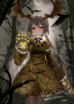  1girl antlers black_hair chiemo_(xcem) commission dress facing_viewer forest gloves long_hair looking_at_viewer nature original pravoslav red_eyes skeb_commission solo tree very_long_hair vrchat 
