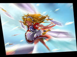  1girl alberto_moldes apron black_border blonde_hair blue_ribbon border dress dynamic_pose frills hair_ornament highres long_hair maid maid_headdress motion_blur open_mouth puffy_short_sleeves puffy_sleeves red_dress ribbon short_sleeves solo sword too_many_weapons touhou touhou_(pc-98) weapon yellow_eyes yumeko_(touhou) 