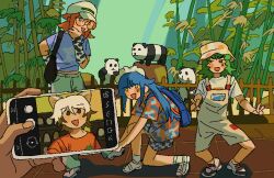  animal animal_ears ankle_socks aoymkyo bag bamboo bamboo_forest baseball_cap black_eyes black_shorts blue_bag blue_eyes blue_hair blue_shorts blunt_bangs brown_hair bucket_hat cellphone everyone forest gesture glasses green_hair group_picture hand_on_own_chin happy hat holding holding_phone long_hair looking_at_phone looking_at_viewer multicolored_shirt nature on_one_knee open_mouth orange_shirt original outdoors panda phone selfie shadow shirt shoes short_hair short_sleeves shorts shoulder_bag smartphone smile socks stroking_own_chin taking_picture white_hair white_socks yellow_eyes zoo zoology 
