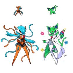  alternate_color artist_name blue_hair blue_skin bob_cut boots chibi clothed_pokemon colored_skin deoxys deoxys_(normal) dress espeon forehead_jewel fusion gardevoir green_fur green_hair highres mamobot minior minior_(blue_core) minior_(core) minior_(red_core) minior_(yellow_core) orange_eyes orange_skin pokemon pokemon_(creature) shiny_pokemon signature simple_background skirt smile sparkle tentacles white_background white_boots white_dress white_skin 