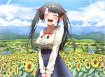  1girl :d bangs black_hair blue_skirt blush breasts closed_eyes clouds day facing_viewer field flower flower_field frilled_shirt_collar frills hair_ribbon highres hololive large_breasts long_hair long_sleeves oozora_subaru outdoors pepushi_drow plaid plaid_skirt red_ribbon ribbon shirt skirt sky smile solo sunflower twintails v_arms virtual_youtuber white_shirt 