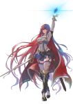 1girl alba armor blue_eyes blue_hair breasts cape character_request dragonstone female_protagonist_(fire_emblem_engage) fire_emblem fire_emblem_17 fire_emblem_engage fire_emblem_heroes full_body gloves highres holding holding_sword holding_weapon intelligent_systems long_hair looking_at_viewer multicolored_hair nintendo red_eyes redhead scabbard sheath solo sword thigh_strap thighs tiara two-tone_hair very_long_hair weapon