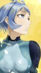  1girl absurdres antenna_hair bangs blue_eyes blue_hair boku_no_hero_academia breasts collarbone fengling_(furin-jp) hadou_nejire highres large_breasts looking_to_the_side looking_up profile short_hair simple_background solo tight uniform yellow_background 