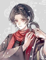  1boy black_shirt brown_hair colored_eyelashes curtained_hair enderrabbit flower grey_background hair_flower hair_ornament hair_rings holding holding_jewelry holding_ring jewelry kashuu_kiyomitsu long_sleeves open_mouth parted_bangs red_eyes red_nails red_scarf ring scarf shirt single_hair_ring solo touken_ranbu tsurime upper_body variant_set white_flower wide_sleeves 
