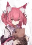  1girl absurdres animal_ear_fluff animal_ears arknights bangs black_ribbon brown_eyes closed_mouth collared_shirt hair_between_eyes hair_ribbon highres holding looking_at_viewer piennamekuzi redhead ribbon shamare_(arknights) shirt sketch solo stuffed_animal stuffed_dog stuffed_toy twintails upper_body white_shirt 