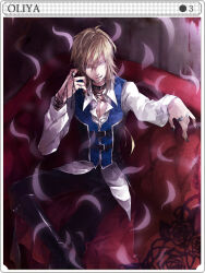  1boy aura black_boots black_choker black_nails black_pants blonde_hair blue_vest boots card_(medium) character_name choker closed_mouth clown_(ragnarok_online) collared_shirt commentary_request couch figure_four_sitting fingernails foot_out_of_frame high_heel_boots high_heels jewelry lace-up_boots long_sleeves looking_at_viewer male_focus masato_(mstlp) medium_hair multiple_rings pants ragnarok_online ring shirt sitting smile solo studded_choker vest white_shirt yellow_eyes 