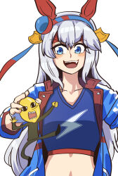 1girl :d adventure_time animal_ears blue_eyes blue_hairband blue_jacket blush character_request collarbone crop_top crossover dinoyhs fang gloves grey_hair hair_between_eyes hairband headband highres holding horse_ears jacket long_hair long_sleeves open_clothes open_jacket red_headband sharp_teeth simple_background smile tamamo_cross_(umamusume) teeth umamusume upper_body v-shaped_eyebrows very_long_hair white_background white_gloves