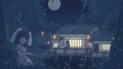  3girls :d absurdres arm_rest bamboo bamboo_forest bird blush bow bowtie brown_hair bug buttons carrot_necklace chinese_commentary collared_shirt dress eientei firefly floppy_ears forest frills fujiwara_no_mokou hair_bow hand_on_railing hand_rest highres houraisan_kaguya house imperishable_night inaba_tewi jewelry lantern long_hair long_sleeves looking_at_another looking_at_viewer medium_hair moon multiple_girls nature necklace night night_sky obi open_mouth outdoors pants pink_dress plant pointing rabbit_girl red_eyes red_pants reflection ribbon-trimmed_sleeves ribbon_trim sash scenery shirt short_hair sleeve_cuffs smile sparkle standing star_(sky) suspender_pants suspenders talking touhou tseum water white_bow white_bowtie white_hair white_shirt 