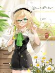  1girl blonde_hair chiemo_(xcem) commission dress facing_viewer flower glasses green_eyes hat long_hair looking_at_viewer open_mouth original skeb_commission smile solo sunlight vase very_long_hair vrchat window 