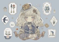  1girl acrylic_paint_(medium) bird blonde_hair blue_eyes blunt_bangs blush bow bread candle commentary cookie cup expressionless flower food freckles half-closed_eyes highres holding holding_cup house instagram_logo instagram_username karintoun long_sleeves looking_at_viewer medium_hair mug muted_color nail_polish original painting_(medium) pale_skin pastry picture_frame plaid_clothes plaid_shirt plate_on_head poppy_(flower) postmark ribbon scarf shirt signature solo star_(symbol) straight-on swallow_(bird) teapot traditional_media tulip twitter_username twitter_x_logo upper_body watercolor_(medium) watermark wavy_hair 