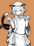  1girl animal_ear_fluff animal_ears bangs cat_ears cat_girl cat_tail chen closed_mouth commentary_request cowboy_shot earrings eyebrows_visible_through_hair facial_mark greyscale_with_colored_background hat highres jewelry miazuma_sarin mob_cap monochrome multiple_tails nekomata orange_background paw_pose shirt short_eyebrows short_hair simple_background single_earring smile solo tail tongue tongue_out touhou two_tails uneven_eyes whisker_markings 