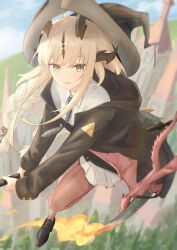  1girl absurdres arknights black_hat black_horns black_jacket black_necktie black_shoes blonde_hair braid broom broom_riding brown_pantyhose chinese_commentary commentary_request day diagonal-striped_clothes diagonal-striped_necktie film_grain flying front-seamed_legwear full_body green_eyes hat highres horns jacket light_particles long_hair long_sleeves looking_at_viewer necktie official_alternate_costume outdoors pantyhose partial_commentary reed_(arknights) reed_the_flame_shadow_(arknights) reed_the_flame_shadow_(curator)_(arknights) runyo_(yale12312) seamed_legwear shirt shoes smile solo striped_clothes tail white_shirt witch_hat 