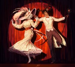  1boy 1girl alastor_(hazbin_hotel) antlers black_pants brown_hair collared_shirt commentary dancing deer_antlers deer_boy demon_boy demon_girl demon_horns derivative_work dress hazbin_hotel hellaverse highres horns kukuyban long_dress pants pink_shirt red_hair rosie_(hazbin_hotel) screenshot_redraw shirt short_hair symbol-only_commentary white_dress white_hair 