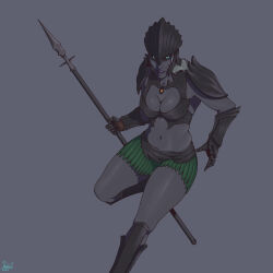  1girl absurdres armor armored_boots bad_link black_armor black_sclera blue_eyes boobplate boots breasts clawed_gauntlets cleavage_cutout clothing_cutout colored_sclera colored_skin crop_top dark_seducer_(mazken) dovahkiin_(arvinalizadeh9) green_skirt grey_background grey_hair grey_skin helmet highres holding holding_polearm holding_weapon leg_up looking_at_viewer midriff miniskirt polearm purple_skin revealing_clothes shoulder_armor signature skirt solo spear the_elder_scrolls the_elder_scrolls_iv:_oblivion thighs weapon 