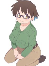  1girl belt bluearcadegames breast_pocket breasts brown_belt brown_hair brown_pants brown_socks glasses green_shirt highres imari_youko large_breasts pants pocket rectangular_eyewear ruri_no_houseki seiza shirt short_hair sitting smile socks thick_thighs thighs white_background yellow_eyes 