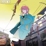  1boy :p amemura_ramuda bangs blue_eyes blue_jacket blue_nails candy city feet_out_of_frame food highres holding holding_candy holding_food holding_lollipop hood hood_down hooded_jacket hypnosis_mic jacket lollipop long_sleeves looking_at_viewer nail_polish open_clothes open_jacket outdoors pink_hair reichio short_hair sidelocks standing symbol-only_commentary tongue tongue_out 