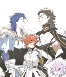  2boys 2girls agata720 ahoge black_bodysuit black_gloves black_hair black_robe blue_hair bodysuit capelet closed_eyes clothing_cutout covered_pectorals cu_chulainn_(caster)_(fate) cu_chulainn_(fate) dress fate/grand_order fate_(series) flying_sweatdrops fujimaru_ritsuka_(female) fujimaru_ritsuka_(female)_(decisive_battle_chaldea_uniform) fur-trimmed_hood fur_trim gloves grigori_rasputin_(fate) grigori_rasputin_(second_ascension)_(fate) hair_slicked_back highres hood hooded_capelet jacket kotomine_kirei mash_kyrielight mash_kyrielight_(paladin) multiple_boys multiple_girls orange_hair pectorals robe side_cutout toned toned_male turtleneck white_background white_dress white_jacket 