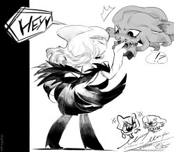  !? +++ 1girl ^^^ absurdres anger_vein blush commentary english_commentary eye_contact eyelashes floating from_side full_body greyscale grin half-closed_eyes hand_up happy highres kirlia long_hair looking_at_another misdreavus monochrome multiple_views nervous nose_blush pokemon pokemon_(creature) scar scar_across_eye scar_on_face sharp_teeth sidelocks simple_background smile speech_bubble spoken_interrobang standing surprised sweat teeth white_background yueryu_(taroyuer2) 