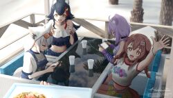  +_+ 1other 4girls :d ahoge animal_collar animal_ear_fluff animal_ears arm_up artist_name beach beach_house belt black_choker black_hair black_shirt blue_eyes blue_overalls blue_shorts bone_hair_ornament bracelet braid brown_eyes brown_hair chair choker clenched_teeth collar commentary_request crop_top cup denim denim_overalls denim_shorts eyewear_on_head fangs food fox_ears fox_girl fox_tail frilled_shirt frills hair_ornament handheld_game_console highres holding holding_handheld_game_console hololive holonatsu_paradise inugami_korone inugami_korone_(holonatsu_paradise) jewelry long_hair looking_at_another looking_at_viewer medium_hair midriff multicolored_hair multiple_girls navel nekomata_okayu nekomata_okayu_(holonatsu_paradise) off-shoulder_shirt off_shoulder on_chair ookami_mio ookami_mio_(holonatsu_paradise) open_mouth orange-tinted_eyewear overalls palm_tree plate playing_games pov print_shirt purple_arm_warmers purple_belt purple_hair purple_shirt red_collar red_streaks reflective_surface shirakami_fubuki shirakami_fubuki_(holonatsu_paradise) shirata98 shirt short_hair short_sleeves shorts sidelocks sitting skirt smile streaked_hair t-shirt table tail teeth tinted_eyewear tree twin_braids very_long_hair violet_eyes waiter watermark white_shirt wolf_ears wolf_girl yellow_eyes yellow_skirt 