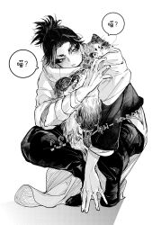  1boy absurdres animal_hug calico_(pattern) calico_cat cat chinese_text cloak dated forehead full_body greyscale half-closed_eye hand_on_floor high_ponytail highres kagurabachi male_focus monochrome parted_bangs ponytail shadow short_hair signature simple_background solo speech_bubble squatting sweat tiptoes uruha_youji whalebone_1022 