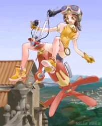  1girl aircraft ankle_boots archived_source aviator_cap aviator_goggles bad_link bicycle_seat blue_sky body_modification boots breasts brick_wall brown_eyes brown_hair building city cityscape day full_body gable_roof gloves goggles goggles_on_headwear grey_hat handlebar hat hirai_yukio holding_handlebar medium_breasts no_pupils o-ring o-ring_collar open_mouth original outdoors pilot pink_sleeves propeller puffy_short_sleeves puffy_sleeves riding shirt short_sleeves shorts sitting sky sleeve_cuffs solo teeth two-tone_hat white_shorts yellow_boots yellow_gloves yellow_hat yellow_shirt zipper 