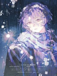 1boy black_jacket blue_scarf chinese_commentary commentary_request dr._ratio_(honkai:_star_rail) enderrabbit english_text film_grain hair_between_eyes highres honkai:_star_rail honkai_(series) jacket long_bangs male_focus mixed-language_text night open_clothes open_jacket open_mouth outdoors pink_eyes poster_(medium) purple_hair scarf shirt snowflakes snowing solo striped_clothes striped_scarf translation_request upper_body white_shirt 
