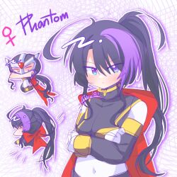 1girl ahoge armor black_armor black_hair breasts character_name crossed_arms genderswap genderswap_(mtf) hidden_phantom_(mega_man) high_ponytail highres long_hair mega_man_(series) mega_man_zero_(series) multicolored_hair panco_1812 ponytail purple_hair red_ribbon ribbon sketch solo_focus two-tone_hair upper_body violet_eyes 