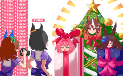  5girls absurdres air_groove_(umamusume) animal_ears blue_flower blue_rose blush bow box breasts brown_hair camera candy candy_cane christmas_ornaments christmas_star christmas_tree christmas_tree_costume closed_eyes closed_mouth ear_bow ear_covers ear_ribbon flipped_hair flower food gift gift_box gingerbread_man green_bow hair_between_eyes hair_over_one_eye hairband haru_urara_(umamusume) hat hat_flower headband highres holding holding_camera horse_ears horse_girl horse_tail king_halo_(umamusume) long_hair looking_at_viewer mibukyt mood_(umamusume) multicolored_hair multiple_girls open_mouth pink_bow pink_hair pink_headband puffy_short_sleeves puffy_sleeves purple_bow purple_shirt red_bow red_headband rice_shower_(umamusume) rose sailor_collar sailor_shirt school_uniform shirt short_hair short_sleeves skirt smile streaked_hair symboli_rudolf_(christmas_emperor_tree)_(umamusume) symboli_rudolf_(umamusume) tail taking_picture tilted_headwear tracen_school_uniform tree_costume umamusume violet_eyes white_hair white_sailor_collar white_skirt 