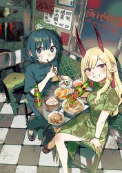  2girls absurdres blonde_hair blue_dress blue_eyes blue_hair bottle bracelet buttons chair china_dress chinese_clothes clenched_teeth closed_mouth cutlery demon_horns dress earrings fingernails food food_in_mouth green_dress green_nails highres holding holding_bottle horns indoors jewelry looking_at_viewer medium_hair multiple_girls original poster_(medium) poster_(object) red_eyes red_horns restaurant shadow short_hair short_sleeves sitting smile swept_bangs tangzhuang teeth zinbei 