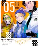  1girl 2boys alternate_costume apex_legends beanie black_gloves black_shirt blonde_hair blue_eyes blue_headwear blue_jacket brown_eyes crypto_(apex_legends) dame_(dame_ice) dated gloves hat highres jacket letterman_jacket looking_at_viewer looking_to_the_side mask mouth_mask multiple_boys nessie_(respawn) octane_(apex_legends) partially_fingerless_gloves shirt smile sunglasses v wattson_(apex_legends) white_jacket 