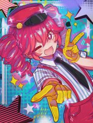 1girl black_necktie carymaple drill_hair finger_gun gloves hat highres kasane_teto mesmerizer_(vocaloid) necktie pants red_eyes red_hair red_hat red_pants shirt smile smiley_hat_ornament star-shaped_pupils star_(symbol) symbol-shaped_pupils twin_drills twintails utau v yellow_gloves