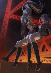  3girls absurdres aijou_karen arm_at_side arm_behind_back black_hair black_pantyhose black_socks blue_eyes blurry blurry_background blush bow bowtie breast_pocket breasts brown_hair brown_shoes closed_eyes closed_mouth collared_shirt commentary_request crown_hair_ornament floating_hair full_body grey_jacket grey_skirt gurumegu hair_between_eyes hair_ornament hairclip high-waist_skirt highres jacket kagura_hikari kneehighs loafers long_hair long_sleeves looking_ahead looking_at_another looking_to_the_side looking_up medium_breasts miniskirt multiple_girls night one_side_up open_clothes open_jacket outdoors pantyhose pleated_skirt pocket profile red_bow red_bowtie school_uniform seishou_music_academy_uniform shirt shoes short_hair shoujo_kageki_revue_starlight sitting skirt smile socks standing star_(sky) tokyo_tower tsuyuzaki_mahiru white_shirt 