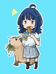  1girl absurdres ahoge aqua_background blue_bow blue_bowtie blue_eyes blue_hair bow bowtie capybara corn_dog deformed eating full_body grey_skirt highres make_heroine_ga_oo_sugiru! maruyo medium_hair momozono_junior_high_school_uniform school_uniform shirt skirt smile summer_uniform white_shirt yanami_anna yellow_bow yellow_bowtie 