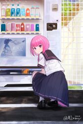  1girl absurdres black_shoes bright_pupils closed_mouth dated from_behind full_body hatsune_miku highres indoors kaf_(kamitsubaki_studio) kamitsubaki_studio looking_at_viewer mlmikuy pink_eyes pink_hair shirt shoes short_hair skirt smile socks solo squatting twitter_username vending_machine virtual_youtuber vocaloid white_pupils white_shirt white_socks 