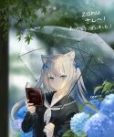  1girl animal_ears blue_eyes book cat_ears cat_girl chiemo_(xcem) commission facing_viewer flower hydrangea looking_to_the_side original rain reading skeb_commission solo umbrella vrchat white_hair zanu_(vrchat) 